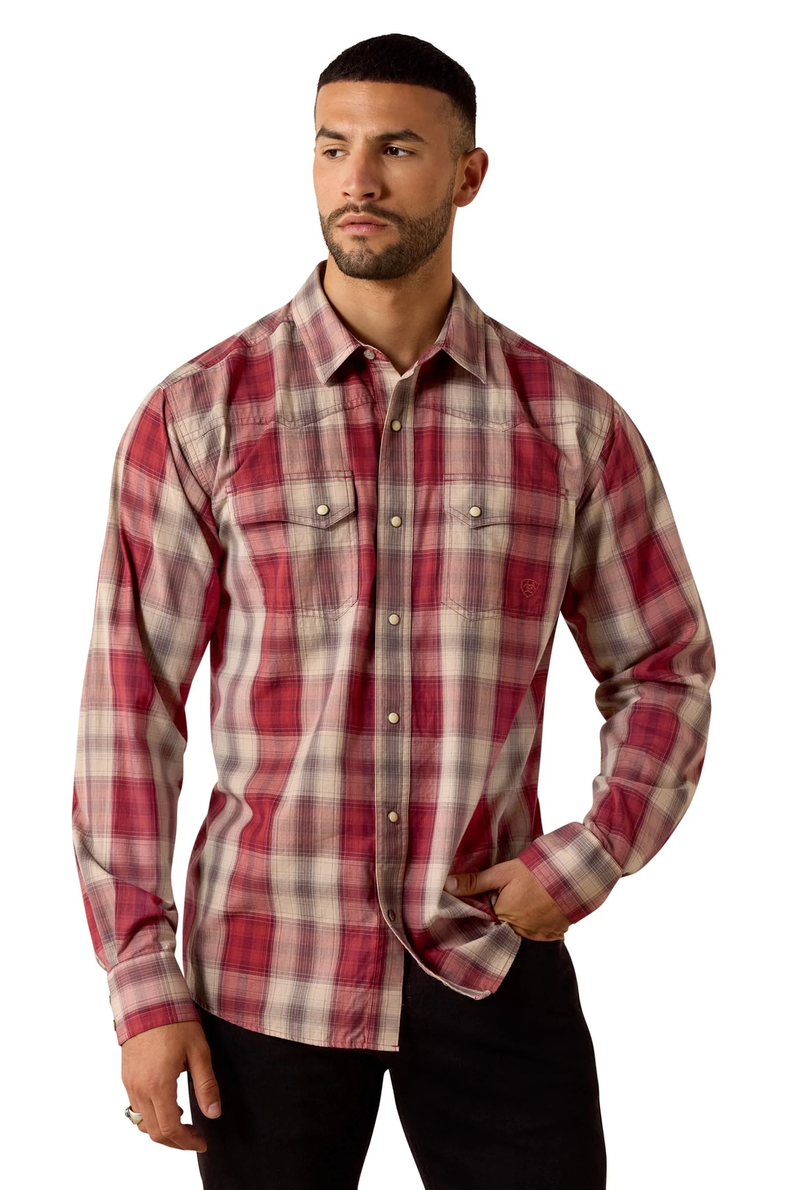 Retro Hawthorne męska dopasowana koszula z napami Brick Red Plaid L