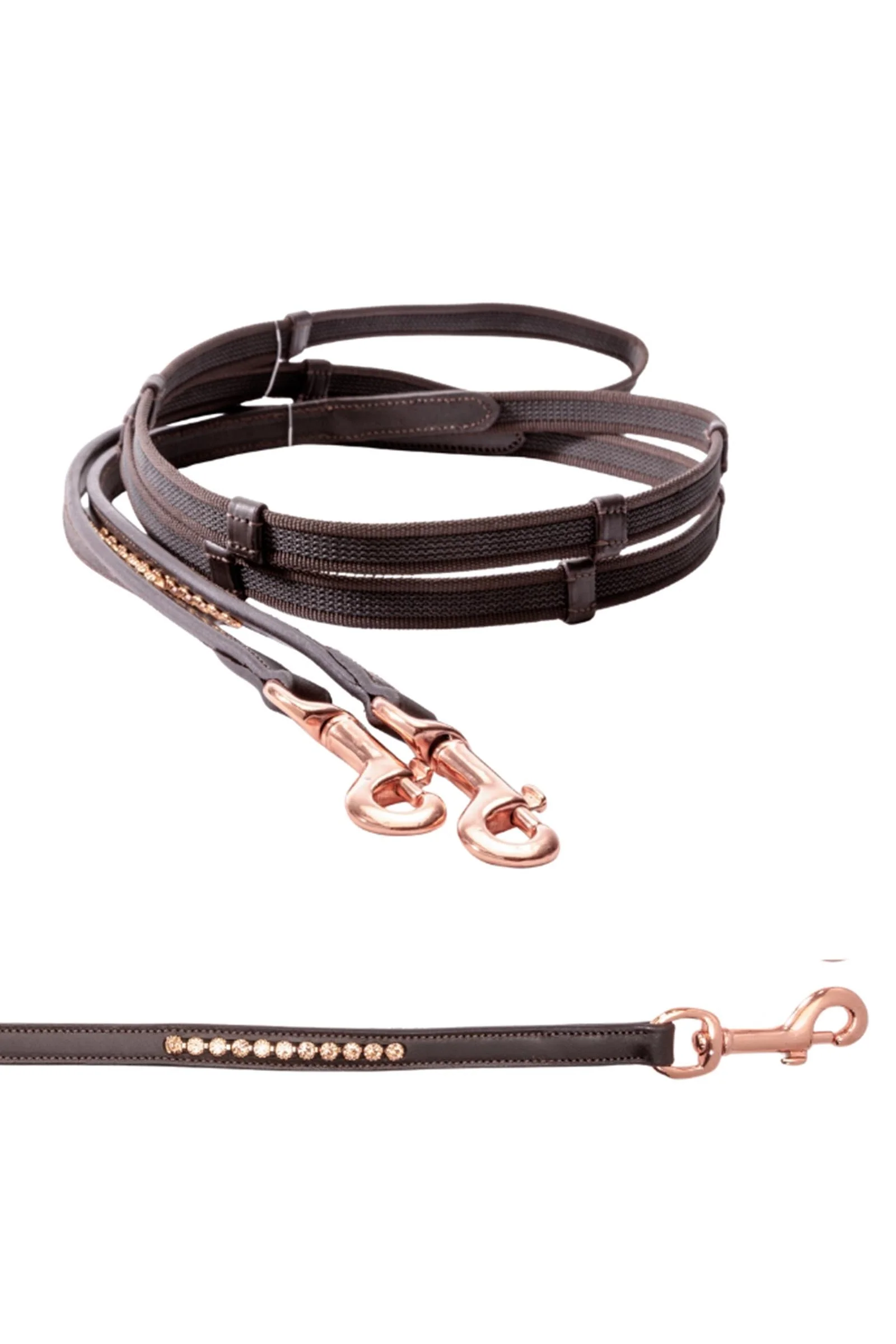 gumowane wodze islandzkie z karabińczykiem i 5 stoperami, 16 mm Brown/Rosé PII