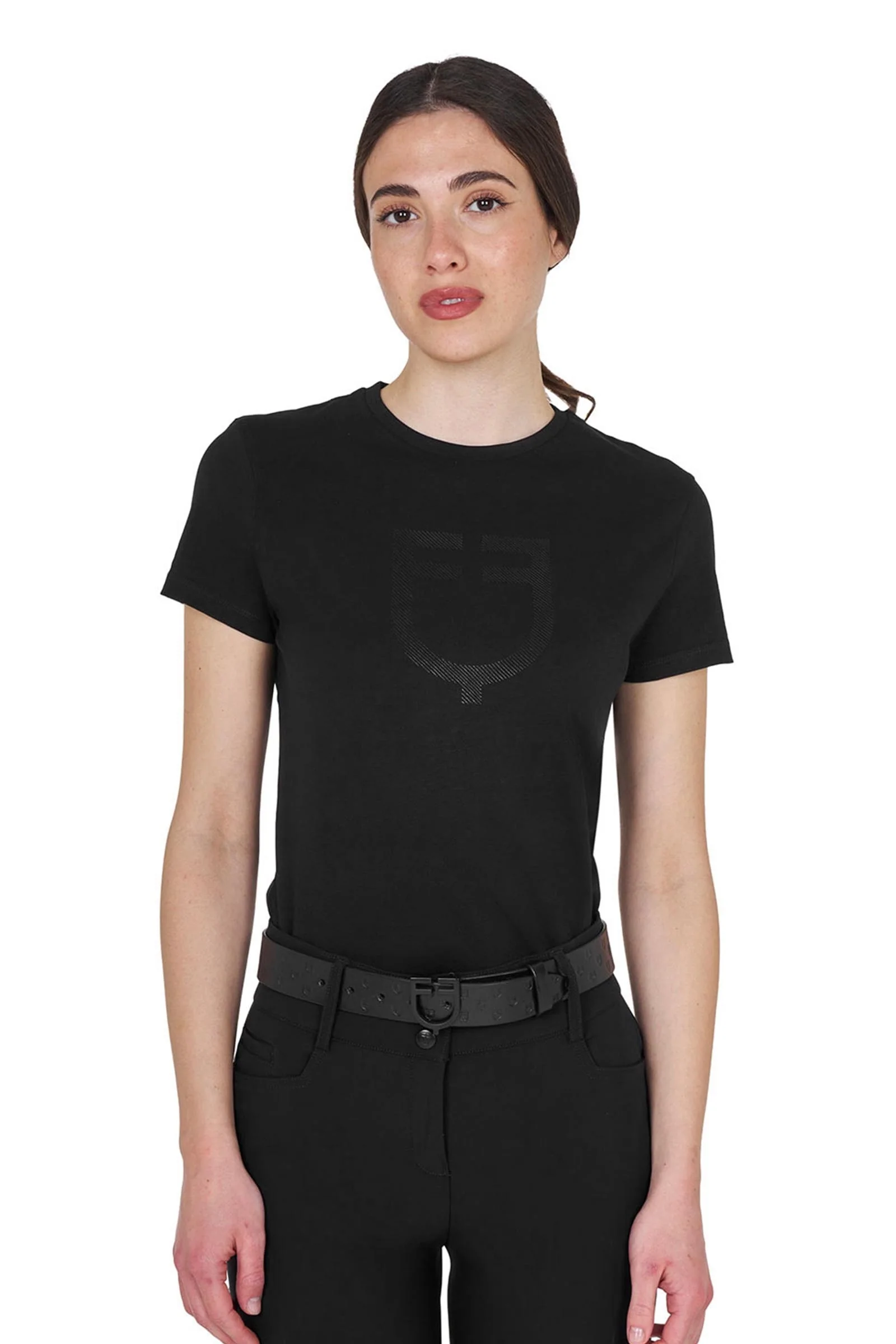 SS2026 Damski bawełniany T-shirt z błyszczącym logo Black M