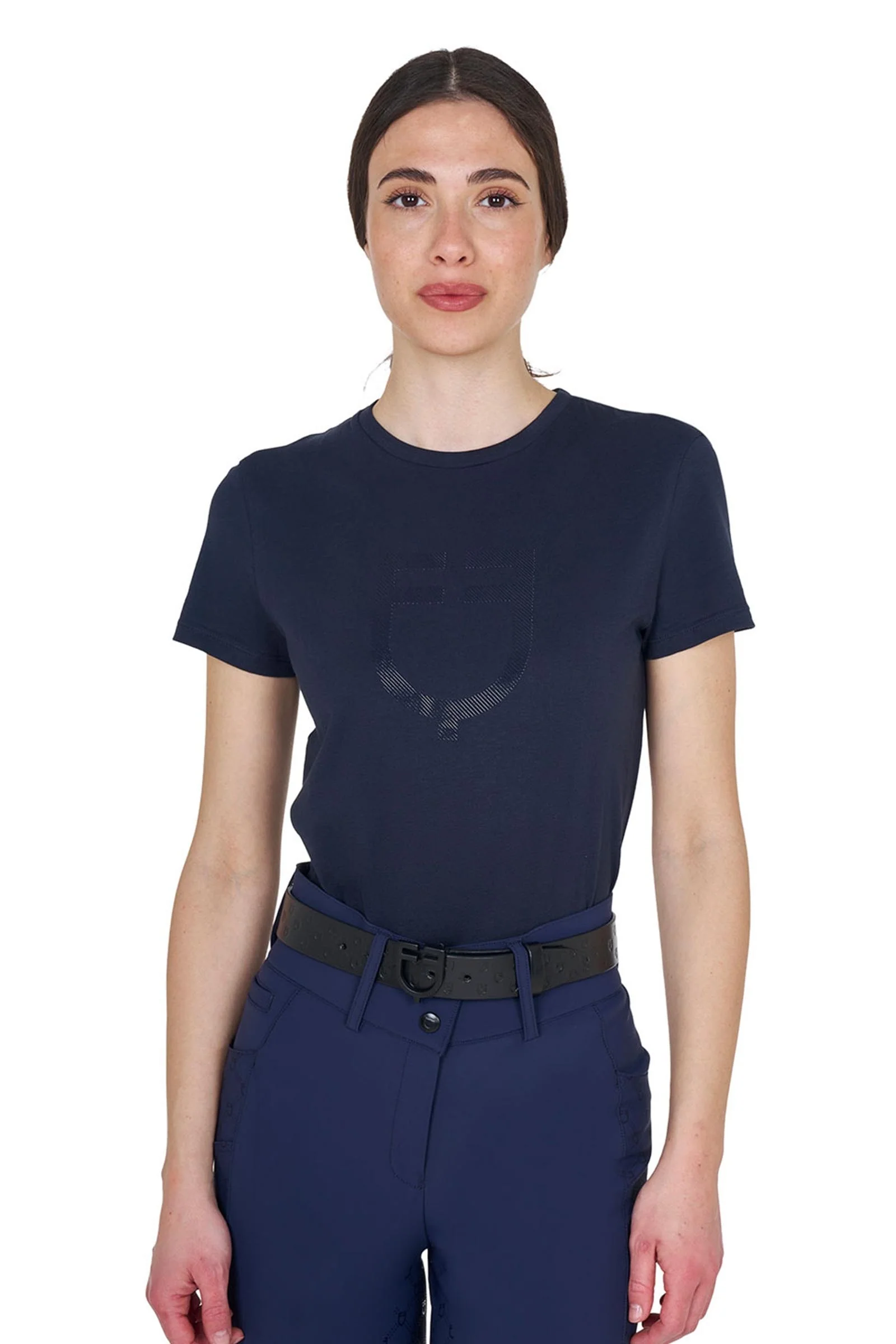SS2026 Damski bawełniany T-shirt z błyszczącym logo Navy M