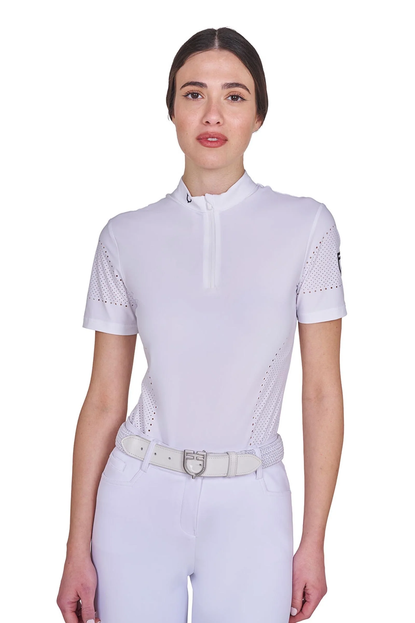 SS2026 Damska perforowana koszulka treningowa polo krótki rękaw zamek White XS